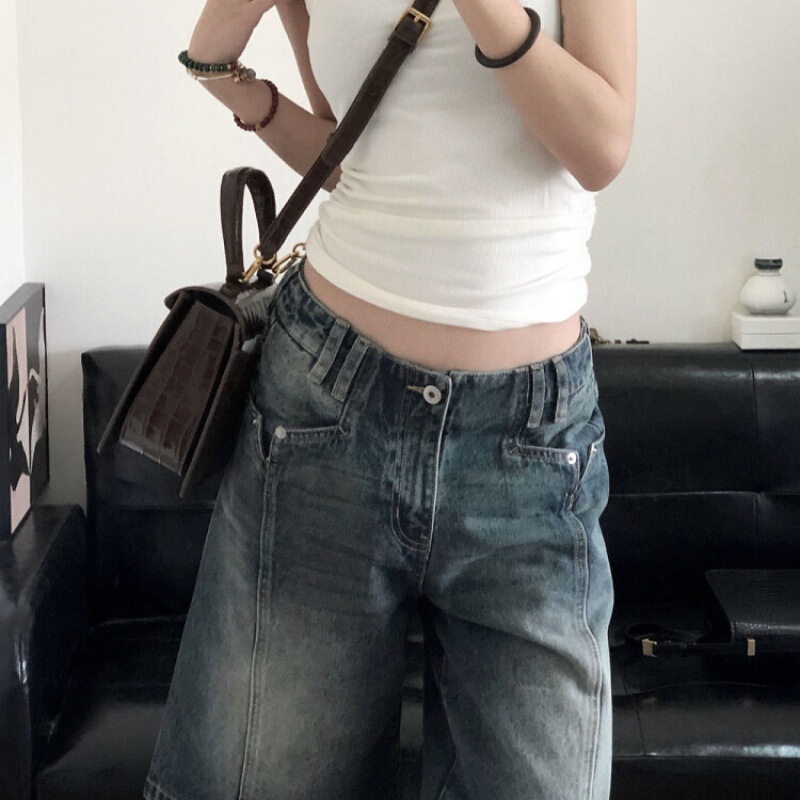 Wen Li Rich American-style vibe vintage washed old Denim shorts women's high street fashion brand design relaxed-fit straight