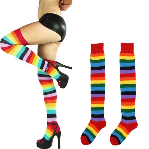 Red colorful socks rainbow striped long knee socks European and American extra long women's red socks Christmas socks high