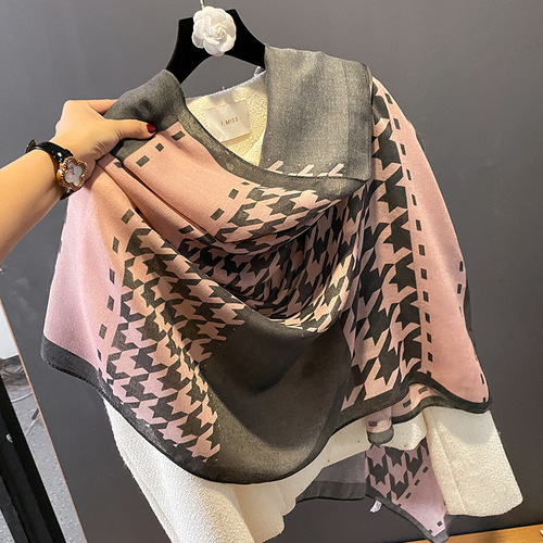  new Korean style houndstooth fashion temperament cotton and linen scarf women's dual-use neck scarf to keep out the cold shawl silk scarf