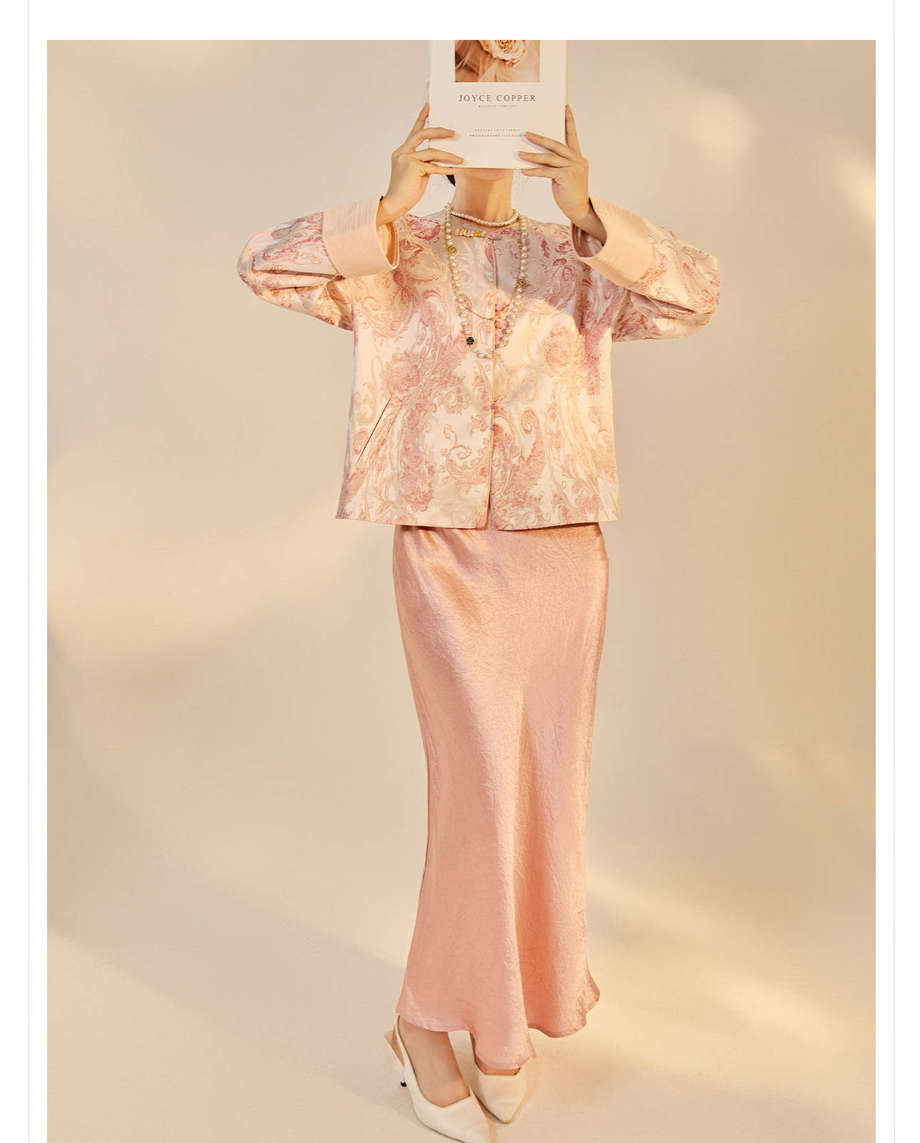Áo khoác nữ kiểu Trung Hoa mới, chất liệu jacquard họa tiết nổi, phối khuy cài, form suông thu đông N9025 — Miju [phiên bản cotton], Hồng nhạt [phiên bản cotton], hồng nhạt, cơm cam chi tiết 34