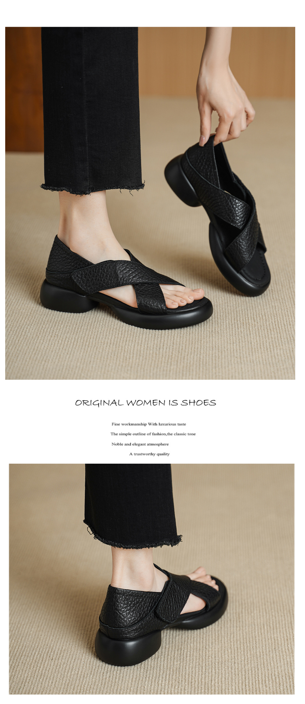 Sandal nữ hở mũi đế dày 4 cm da cừu quai ngang khóa — đen chi tiết 9