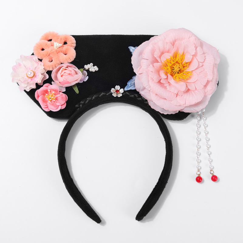 부귀 모란 격자무늬 머리띠 핑크