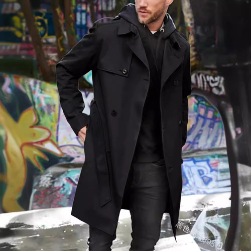 Fall/Winter Solid Color Western Long-Sleeve Trench Coat Men's Collar Slim Fit Double Breasted Casual Jacket