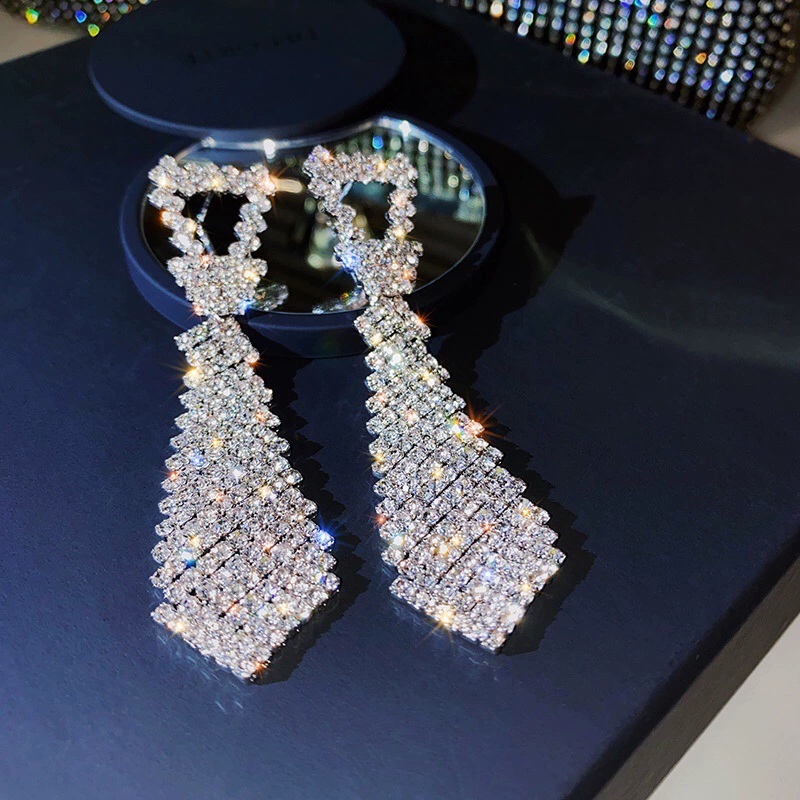 Tie, fashionable earrings, silver 925 sample, European style, diamond encrusted