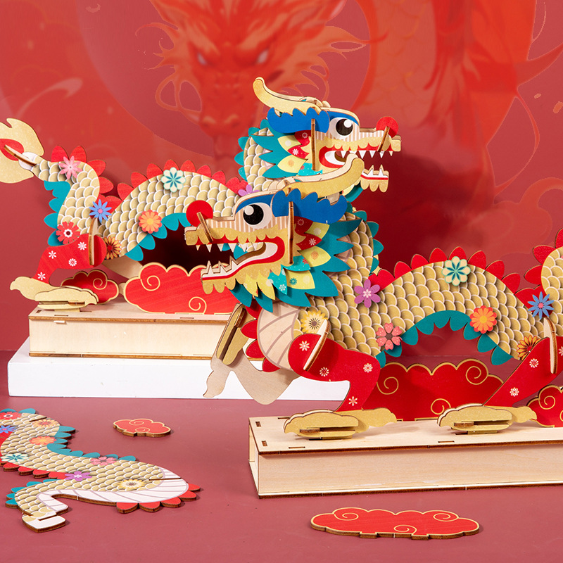 China dragón rompecabezas de madera ensamblado modelo tridimensional hecho a mano diy juguetes de puzzle para niños estilo nacional rompecabezas adornos