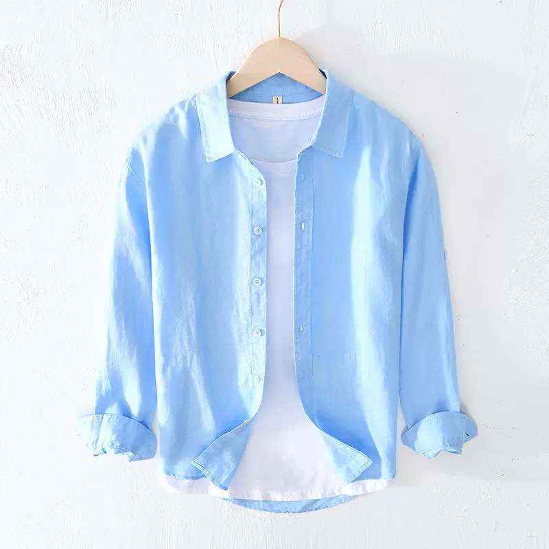 L610 летняя мужская повседневная Однотонная рубашка из чистого льна Простая рубашка мужская одежда поколение волос