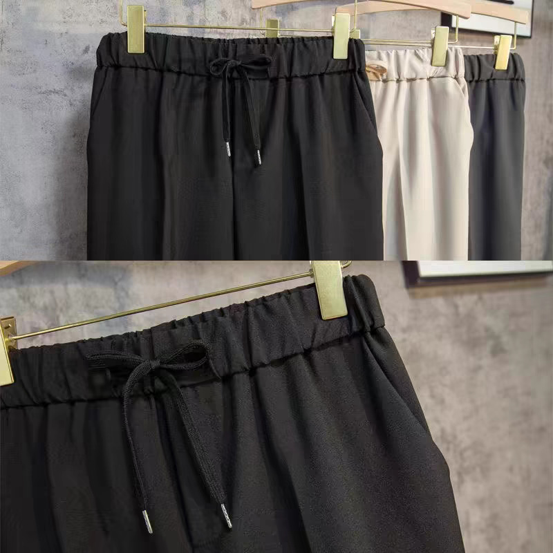 1 Men's Nine-point Summer Thin Draped Suit Pants Simple Solid Color Lace-up Straight Casual Trousers_voghion.com