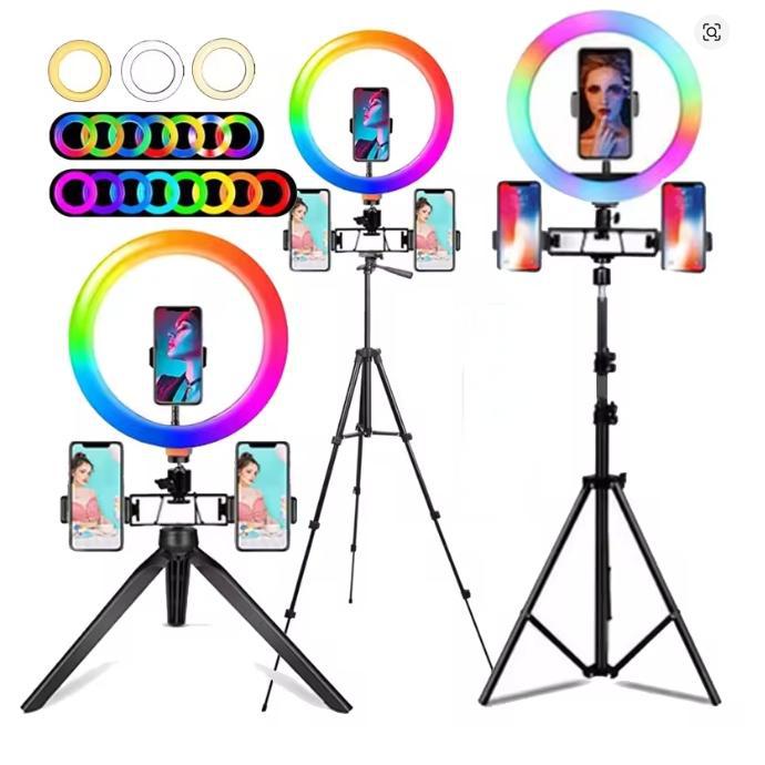 跨境直播补光灯10寸RGB霓虹灯带落地三脚架多机位LED闪光灯支架厂