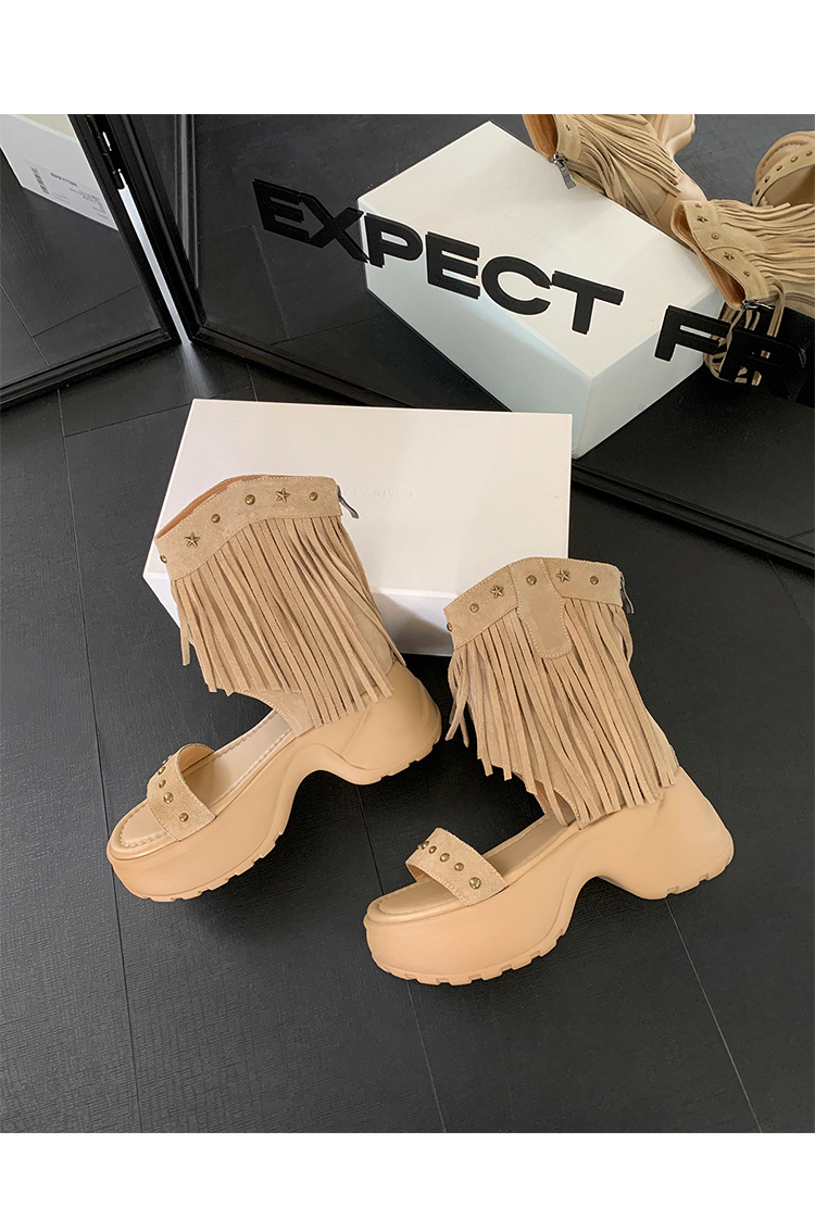 Boot nữ cổ thấp đế xuồng cao gót 9 cm, mũi hở phong cách phương Tây, tua rua đinh tán — Màu caramel, màu mơ chi tiết 26