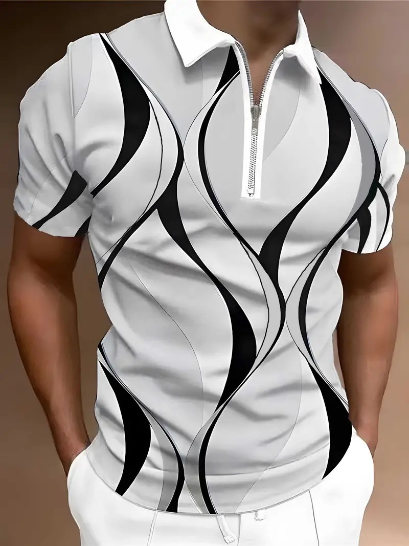 2024 venta caliente simple color de contraste corrugado impresión 3D hombres de negocios ancho de hombro ancho ancho de manga corta transpirable camisa POLO con cremallera