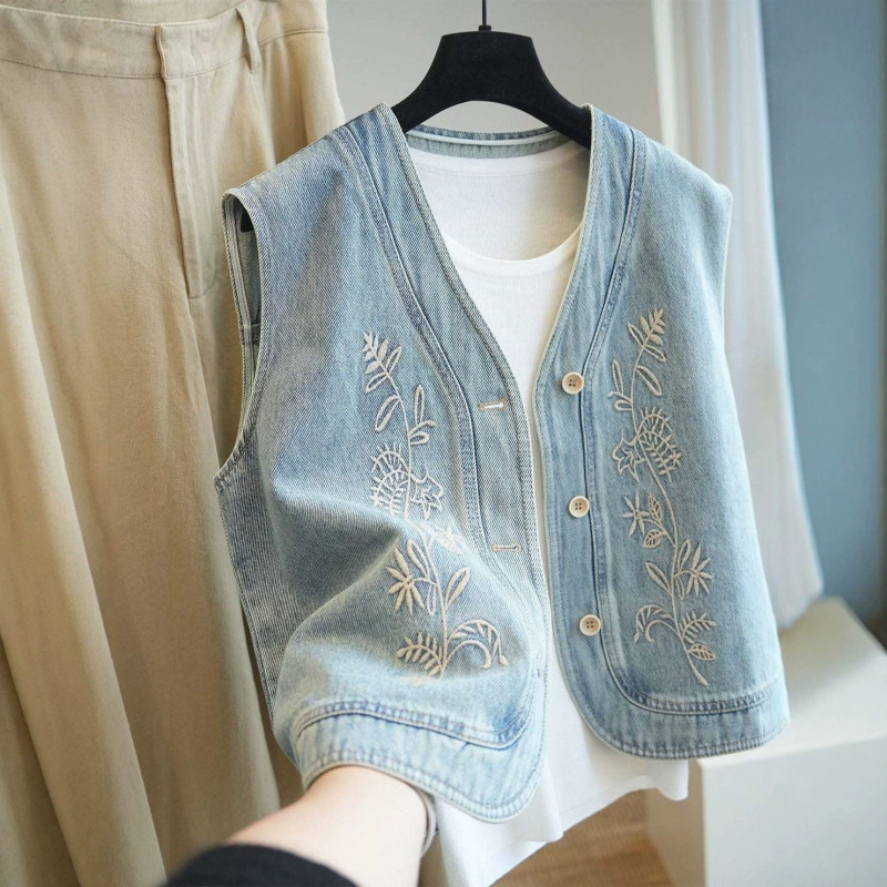 2026 Summer New Vintage Washed Embroidered Denim Vest for Women Layered Vest Jacket A11785