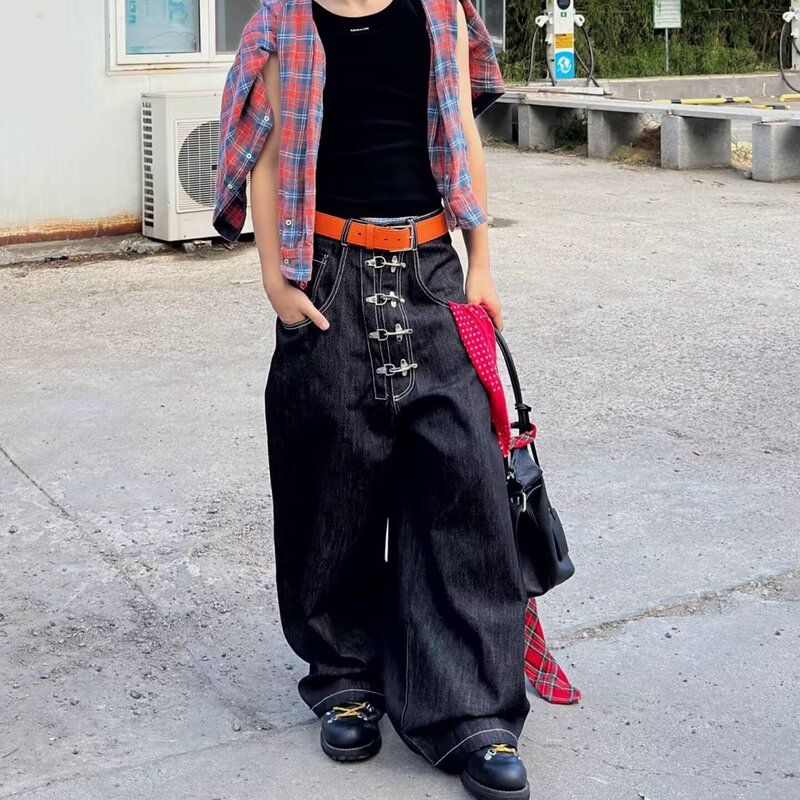 American Street Retro Design Airplane Button Placket Denim Jeans Baggy Silhouette Scimitar Pants Trendy