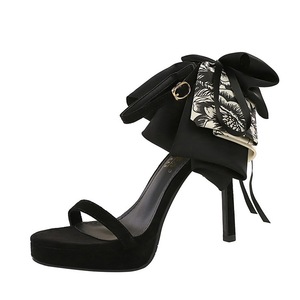 7253-H108M European and American High Heels Women's Waterproof Platform Butterfly Knot Velvet Straw with Bare Toes,