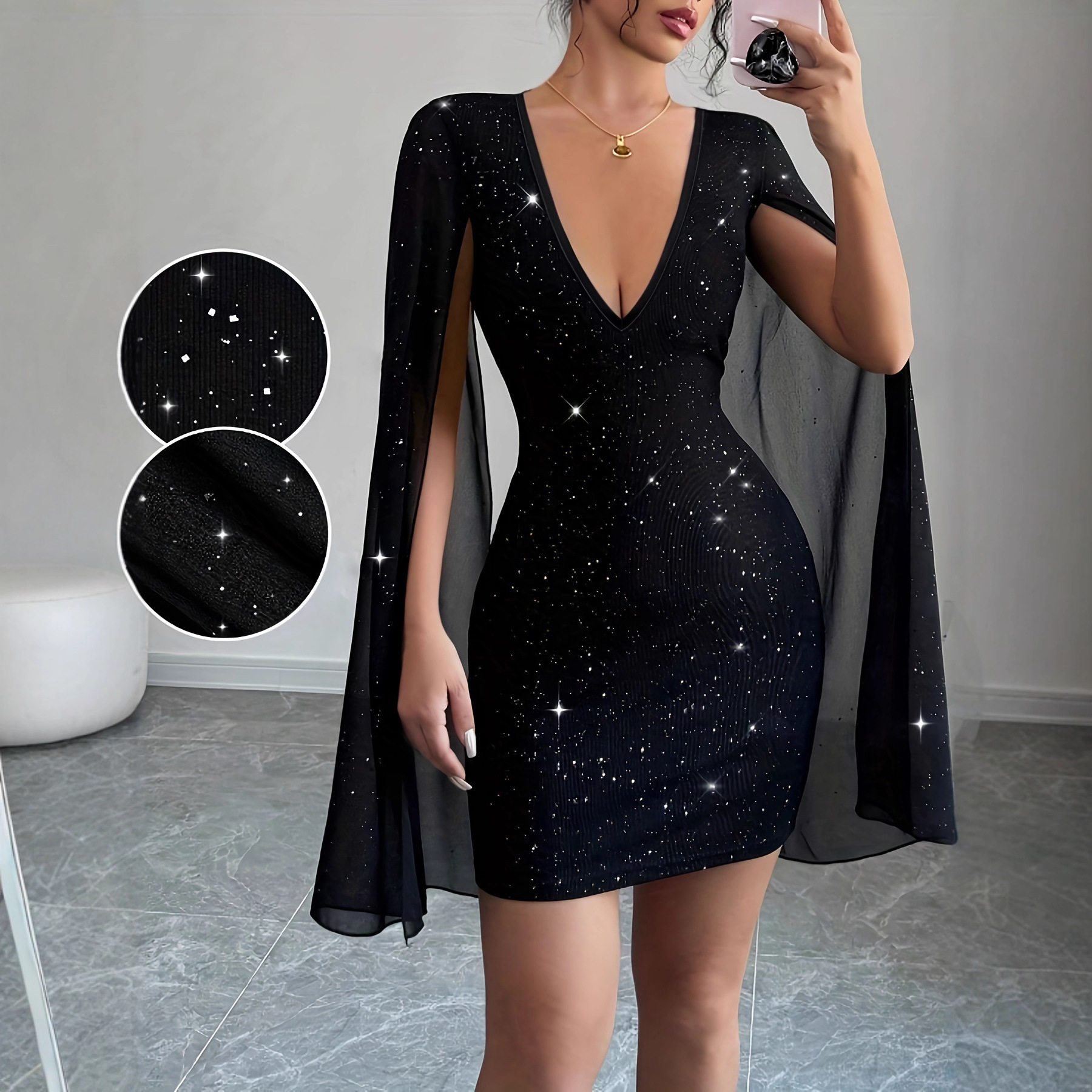 Women's Round Neck Ribbed Pearl Chiffon Cape Hip Dress European American Style Clothing For Women_ecoleips.com