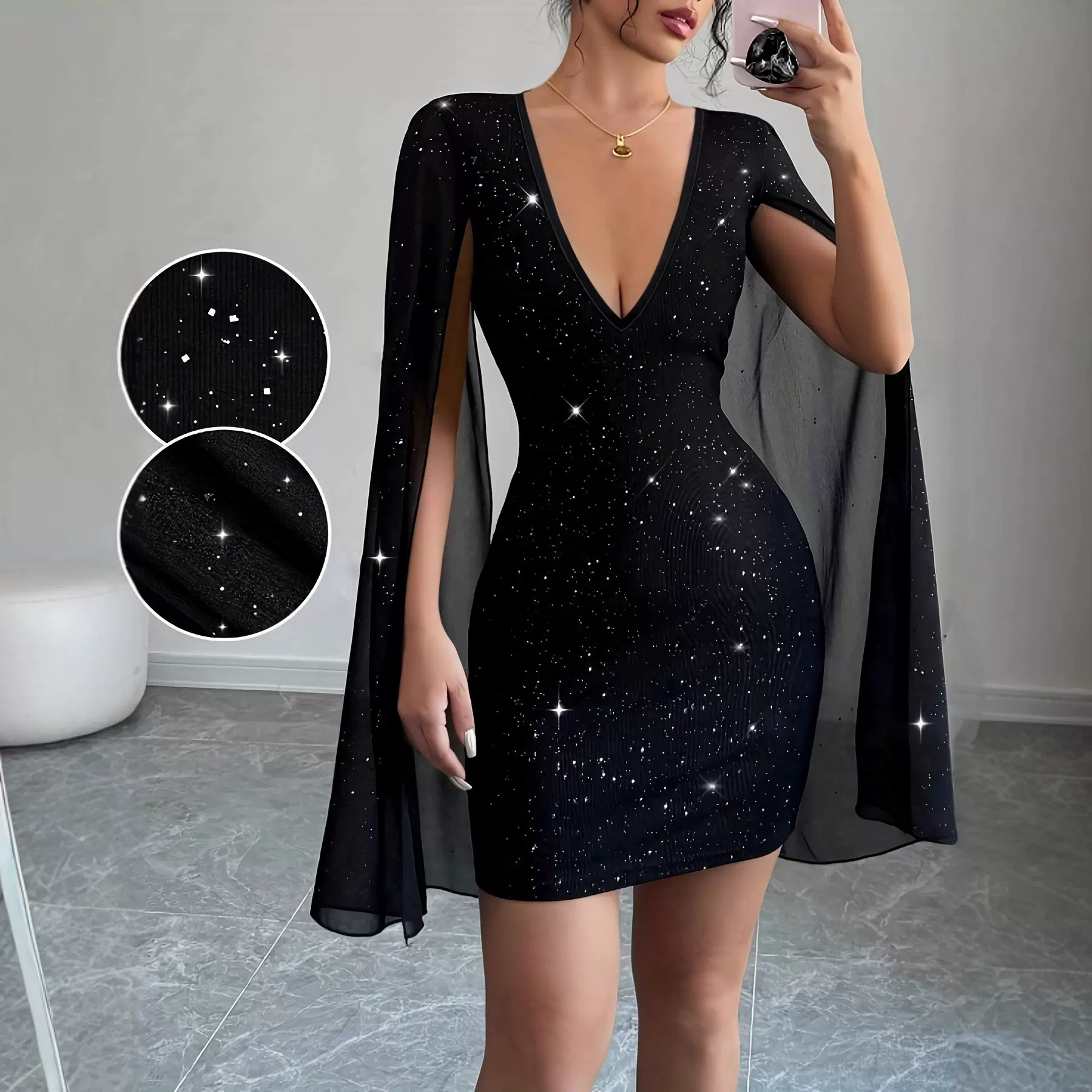 2025跨境欧美女装亚马逊速卖通圆领坑条珍珠雪纺斗篷包臀连衣裙女