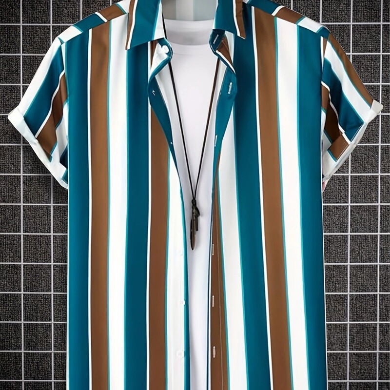 Amazon men's fashion shirt striped digital printing casual short-sleeved printed shirt Amazon men's fashion shirt striped digital printing casual short-sleeved printed shirt