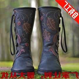 米莱尔2018外贸民族风长靴高跟刺绣平底中筒女鞋女式皮靴大码