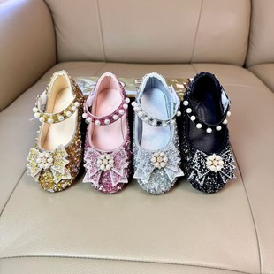 Girls Princess Shoes Children's Spring and Autumn New Crystal Shoes with Dress Rhinestone Soft-soled Princess Leather Shoes Flat Shoes
