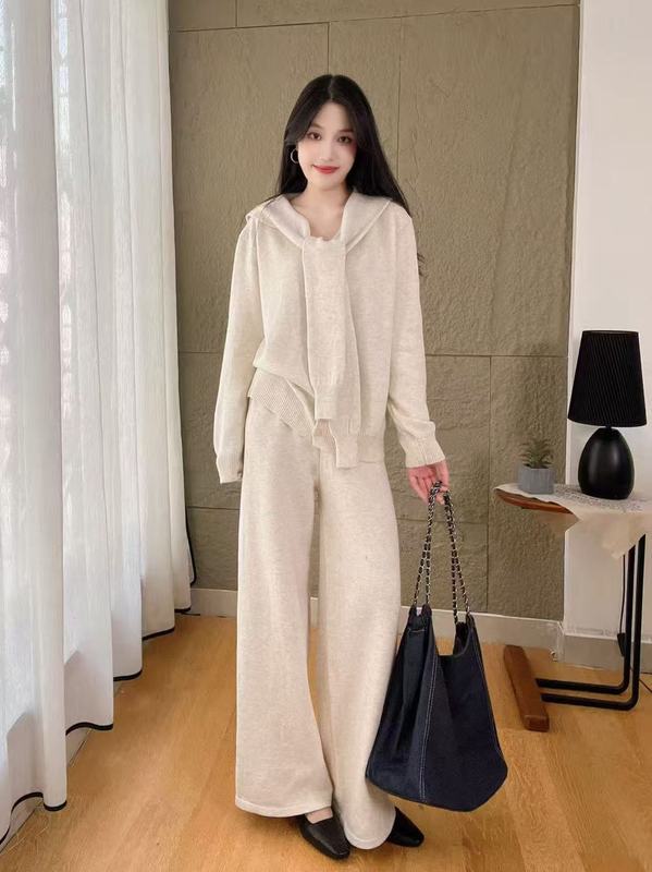 气质休闲毛衣披肩三件套女2025秋冬新款宽松开衫上衣+阔腿裤套装|undefined