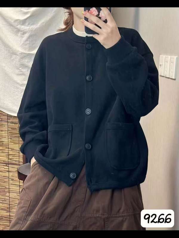 2025秋冬款针织棉加绒开衫外套女圆领单排扣宽松休闲长袖上衣|undefined