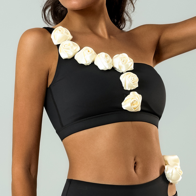 Comercio exterior europeo y americano ropa de yoga transfronteriza mujer con cojín para el pecho envuelto en el pecho a prueba de golpes chaleco deportivo de flores tridimensional de un solo hombro