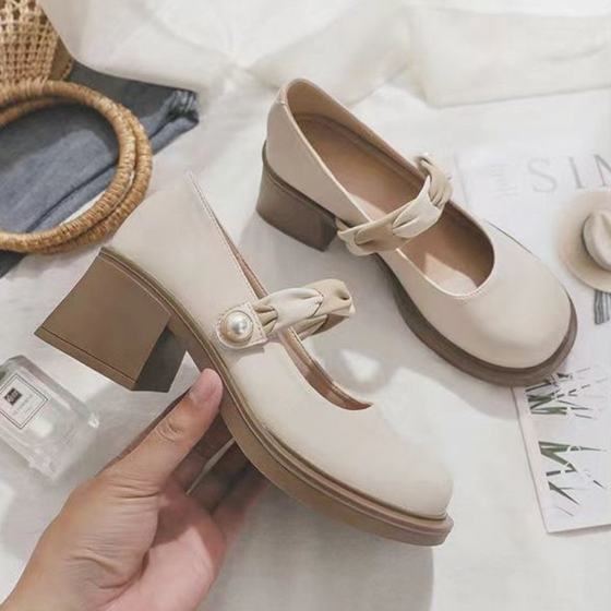Mary Jane Small Leather Shoes Women's Round-toe 2025 Spring New Internet-famous Mid-heel Shoes All-match Thick Heel Shallow Mouth Thick Single-layer Shoes
