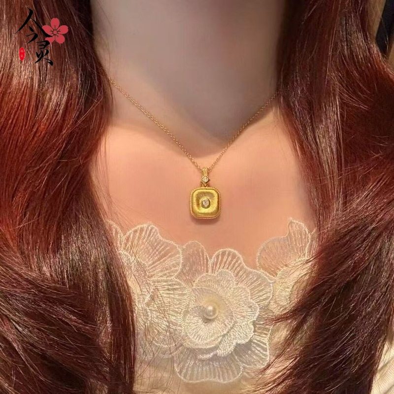 沙金饰品福运平安扣方形吊坠项链女款仿真金小众轻奢高级感颈链|undefined