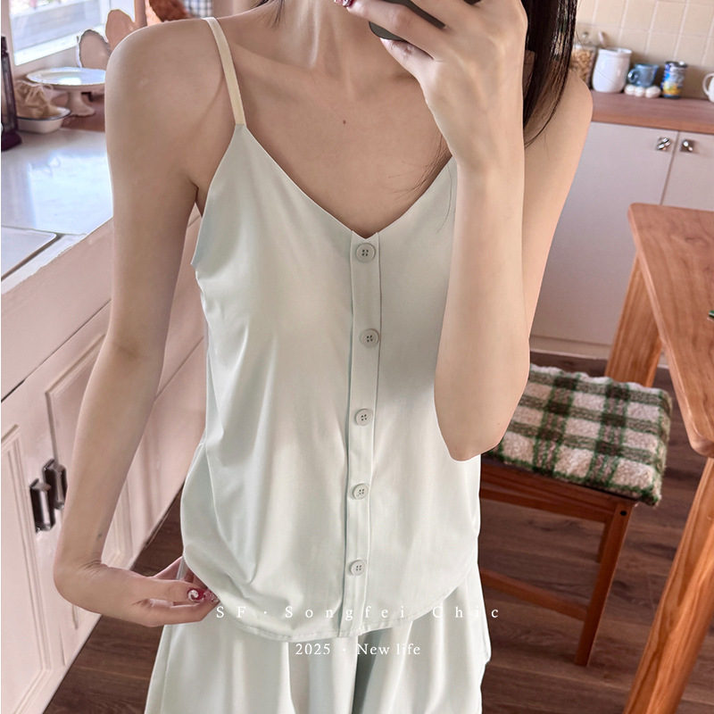 Chest Pad Button Ice Leather Sling Shorts Pajamas suit Summer New Ice Silk Adjustable Home Clothes Two-piece Set