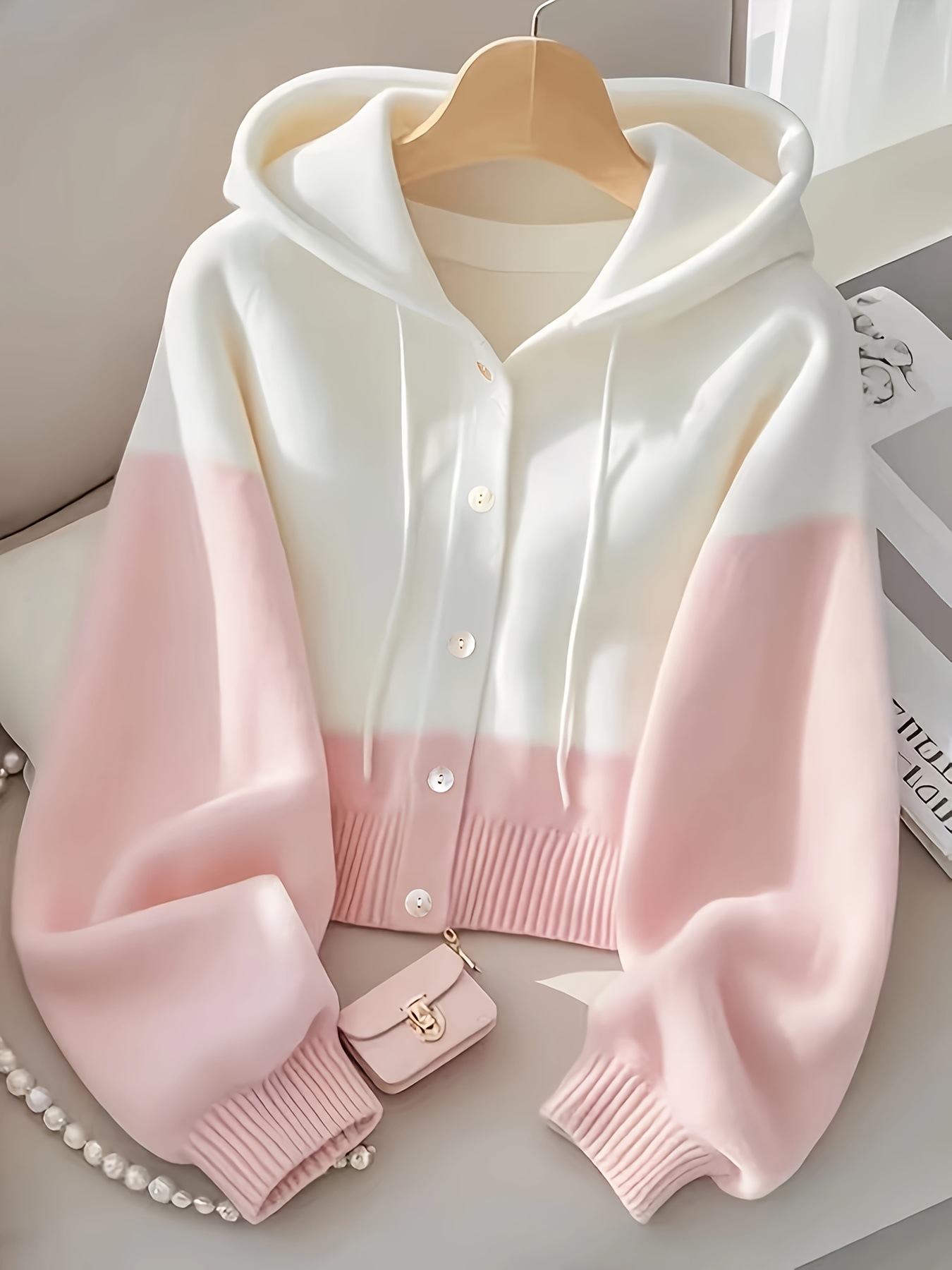 Fuchsia knitted sweater with hood, high-quality style 2
