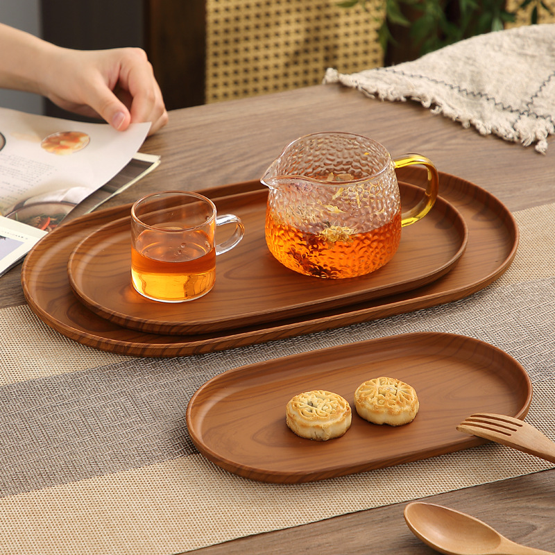 Imitation Wood Grain Tray Oval Plastic Tray Household Water Cup Storage Tray Snack Tray Afternoon Tea Snack Fruit Tray