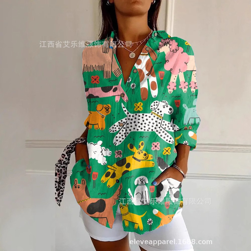 2025新款跨境外贸夏季欧美潮流长袖衬衫动物风3D数码印花女士上衣|undefined