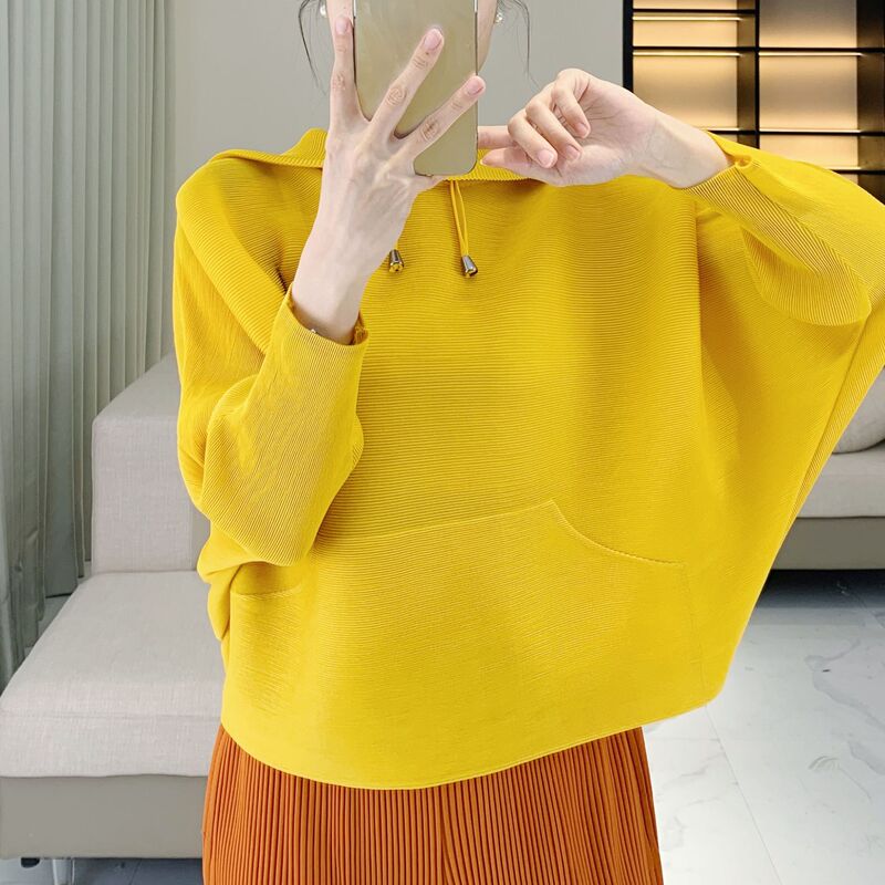 Miyake Style Pleated Hooded Sweater 2025 Spring New Arrival Fashionable Slimming Loose Flesh Covering Stylish Age-reducing Top for Women