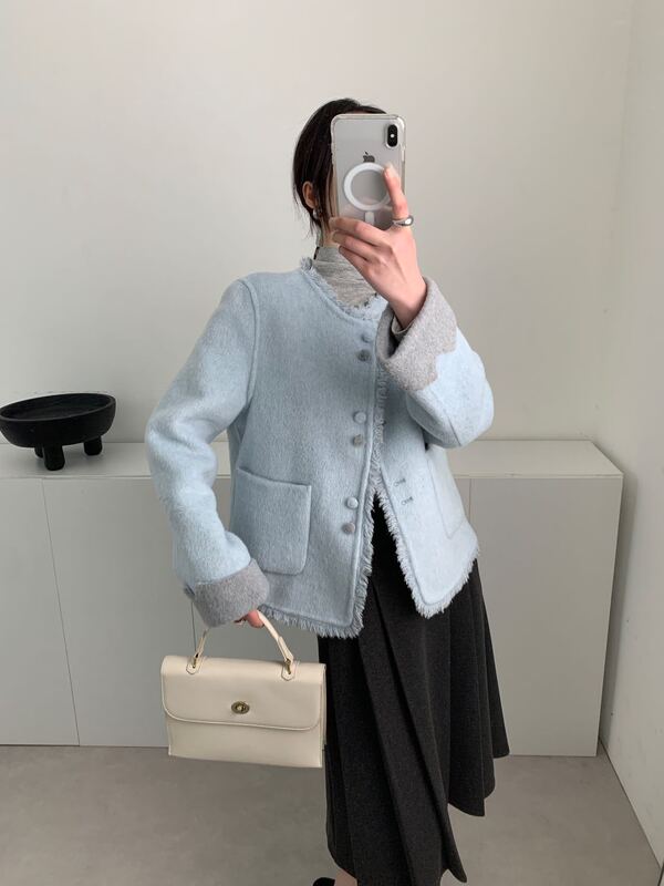 2025小香风双面羊毛大衣女短款拉毛两面穿小个子羊毛呢外套|undefined