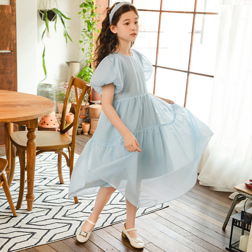 Summer French Puff Sleeve Dress for Girls  Korean Version New Middle and Big Kids Children Fashion Princess Dress