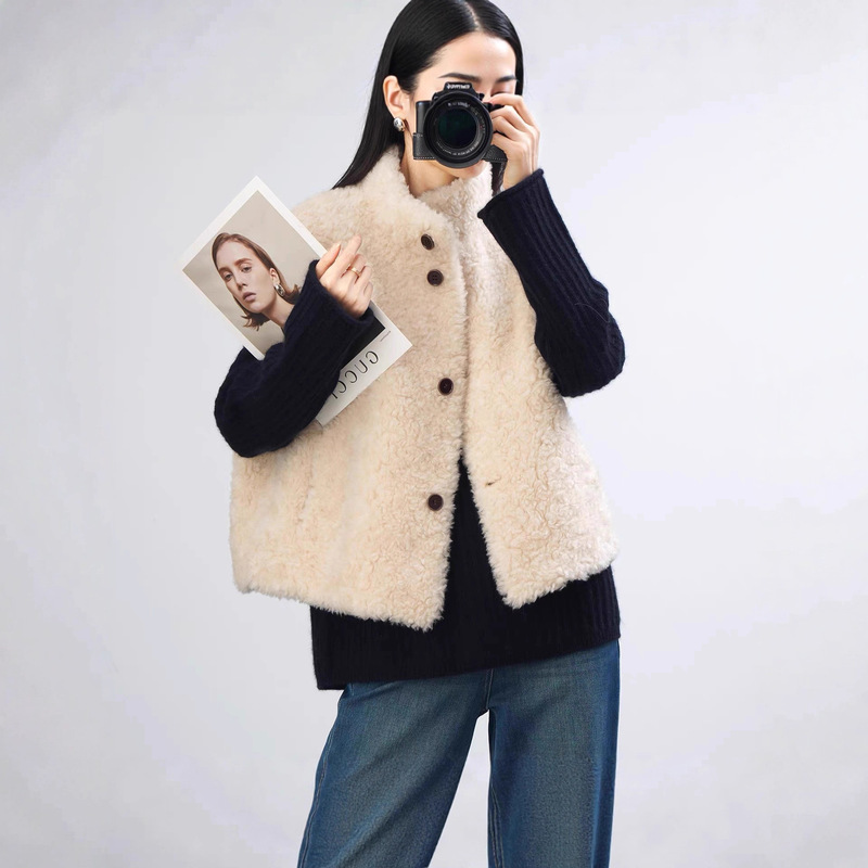 Particle Velvet Sleeveless 100% Wool Fur Stand-Up Collar Vest Jacket for Women Autumn and Winter Fur All-In-One Style Vest Top