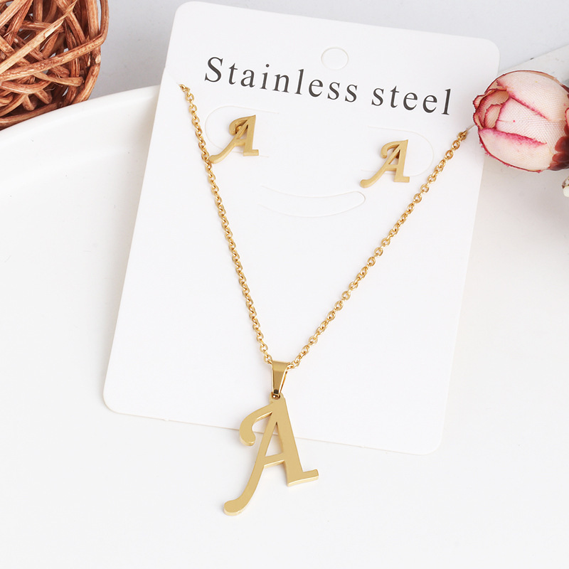 New stainless steel 26 letter female necklace earring set, fashionable and atmospheric, summer non fading accessories_voghion.com