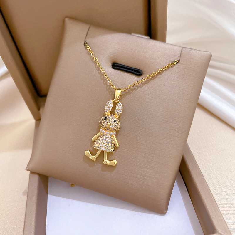 Luxurious Titanium Steel Pearl Rabbit Necklace With Full Diamond_voghion.com