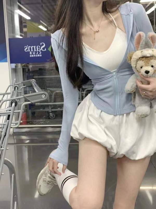 Pure Lust Style Suit Sports Casual Hooded Thin Sun Protection Short Outwear Women's Summer White Flower Bud Shorts Two-Piece Set