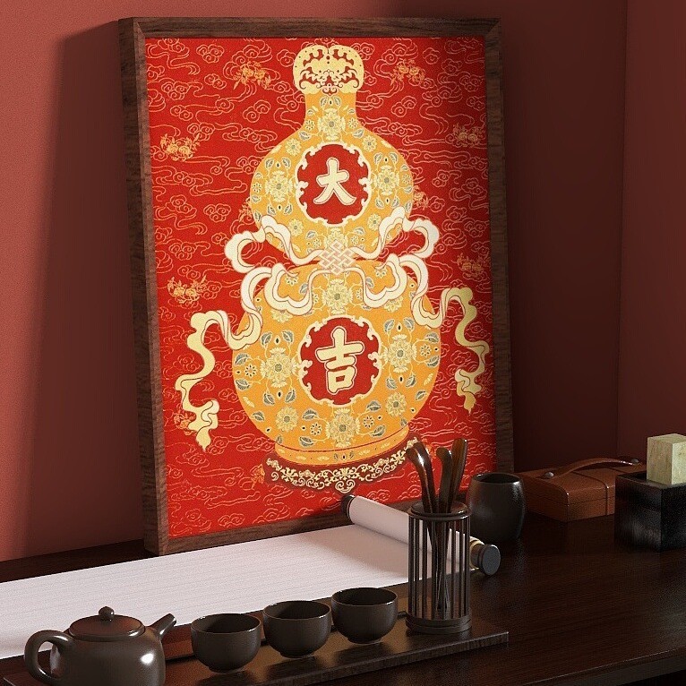 中古风玄关装饰画福禄葫芦花瓶复古油画走廊过道挂画高档摆件壁画|undefined