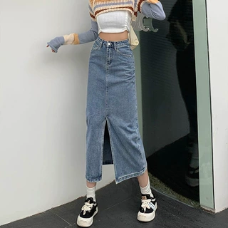 006设计感高腰牛仔半身裙女中长款韩版开叉直筒一步裙包臀