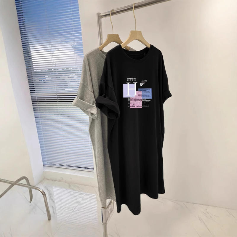 2025 New Summer Short-sleeved T-shirt Dress Korean Loose Over-the-Knee Long Dress Instagram Fashion dress Women's Mid-length Summer 2025 New Summer Short-sleeved T-shirt Dress Korean Loose Over-the-Knee Long Dress Instagram Fashion dress Women's Mid-length Summer