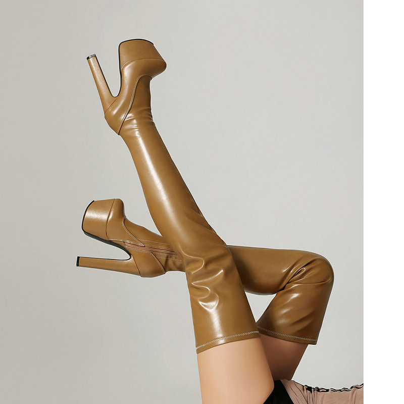 Stretch Slim Boots European and American Sexy Stage Boots Nightclub Over-The-Knee Boots Thick Heel Waterproof Platform Round Toe Catwalk Boots for Women