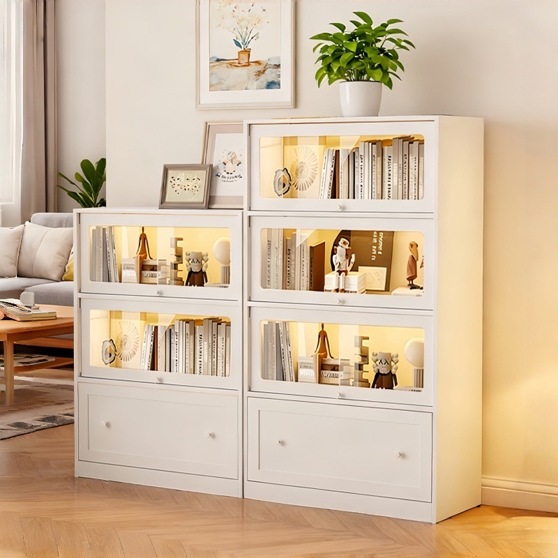 Steel Glass Door Bookcase Dust-Proof Cupboard Drawer Cabinet Floor-Standing Multi-Layer Home Living Room Display Cabinet Children's Storage Cabinet