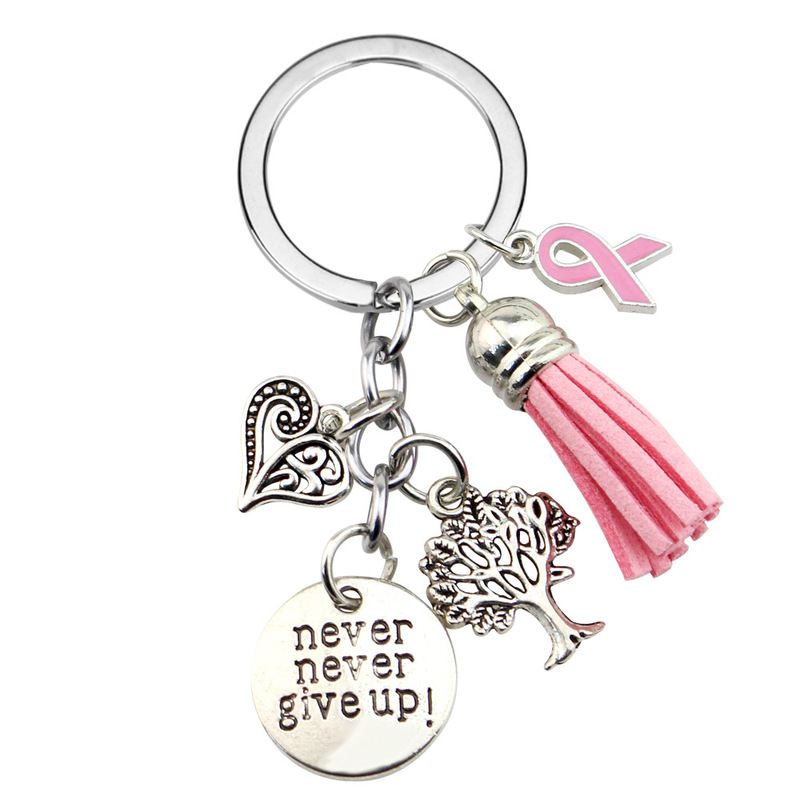 Pink Ribbon streamer tree of life love never give up round brand alloy pendant keychain