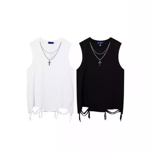 European and American High Street Destruction Style Solid Color Waistcoat Vest Boys Ins Fashion Brand Street Basketball Sports Leisure Sleeveless T-shirt