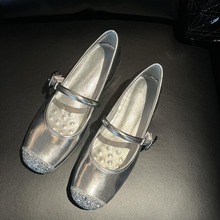 软皮版~法式银色单鞋女平底芭蕾鞋软底一字带内增高圆头玛丽珍鞋