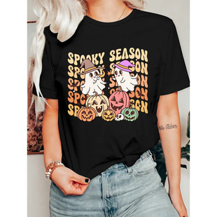 Cute Ghost Womens T Shirt Spooky Season Slogan Witch Hat Mul