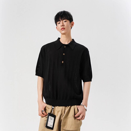 Breathable jacquard knitted short-sleeved men and women's summer thin American retro Polo shirt hollowed out design Henry neck top