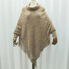 秋冬季新款斗篷式披肩外套民族风流苏堆堆领毛衣套头蝙蝠衫中长款
