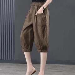 アイスシルクコットンとリネンの女性用クロップドパンツ、夏用の薄い新しいカジュアルパンツ、ゆったりとしたブルマー、ミディアムパンツ、大きいサイズ、ウエスタンスタイルのハーレムパンツ